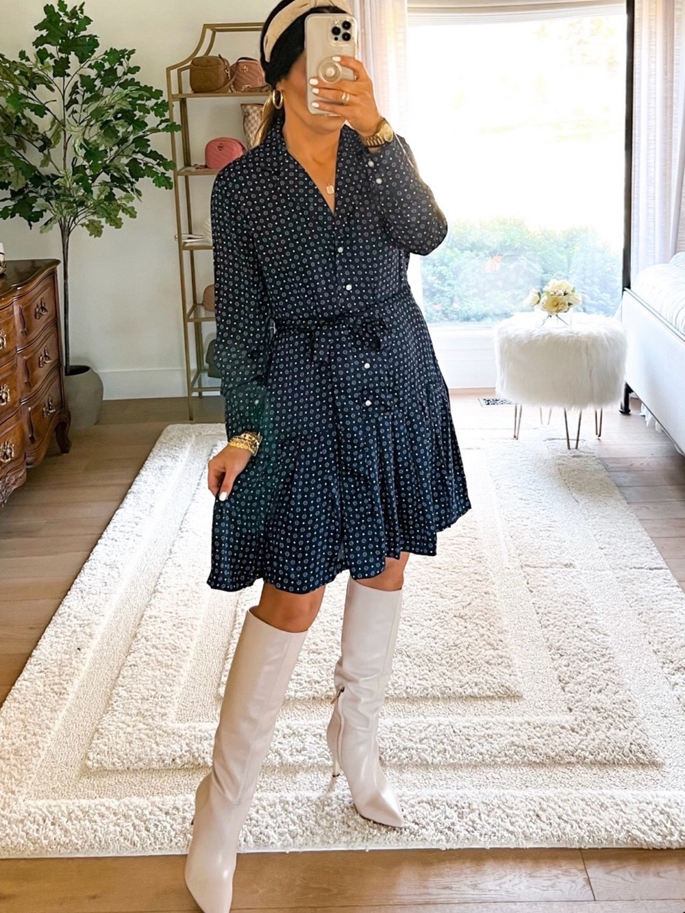 Free Assembly Navy Patterned Long-Sleeve Dress with Tie Waist Size Small